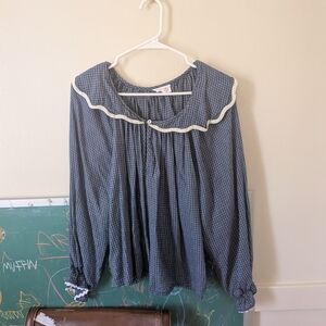 Blue Gingham Ruffle-Trim Blouse